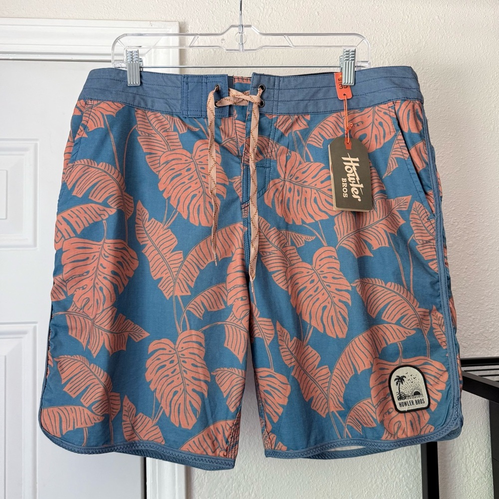 NWT HOWLER BROS blue orange swim leaf tropical Hawaiian board shorts trunks